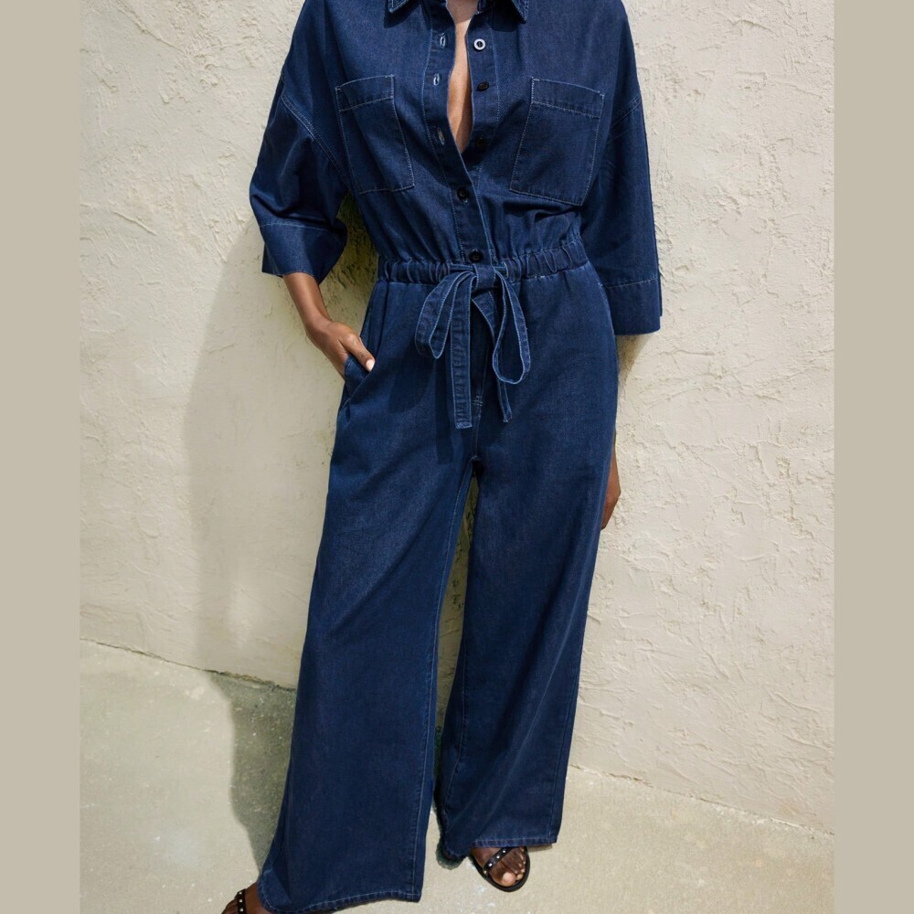 Navy Denim Jumpsuit with Drawstring Waist - Picture 4 of 7